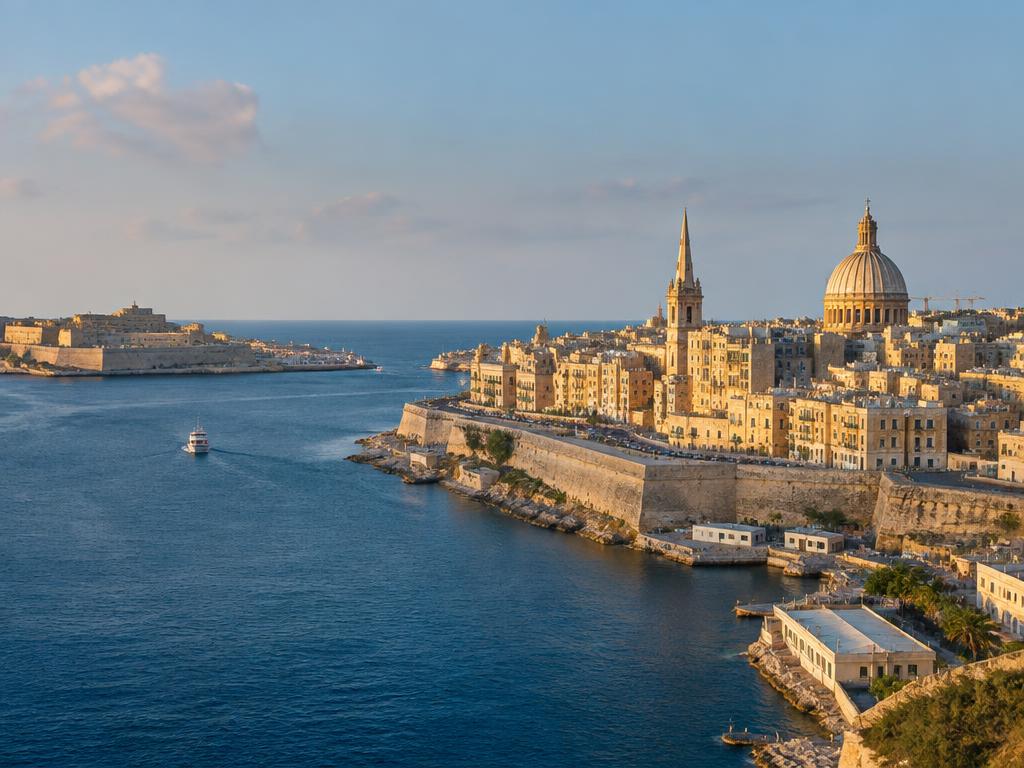 Valletta harbour in Malta with limestone buildings and blue sea