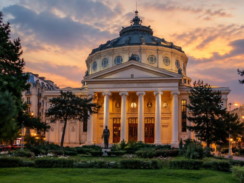 Romanian Athenaeum concert hall in Bucharest at sunset