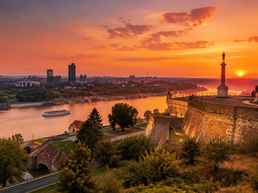 Belgrade Kalemegdan fortress overlooking the river at sunset in Serbia